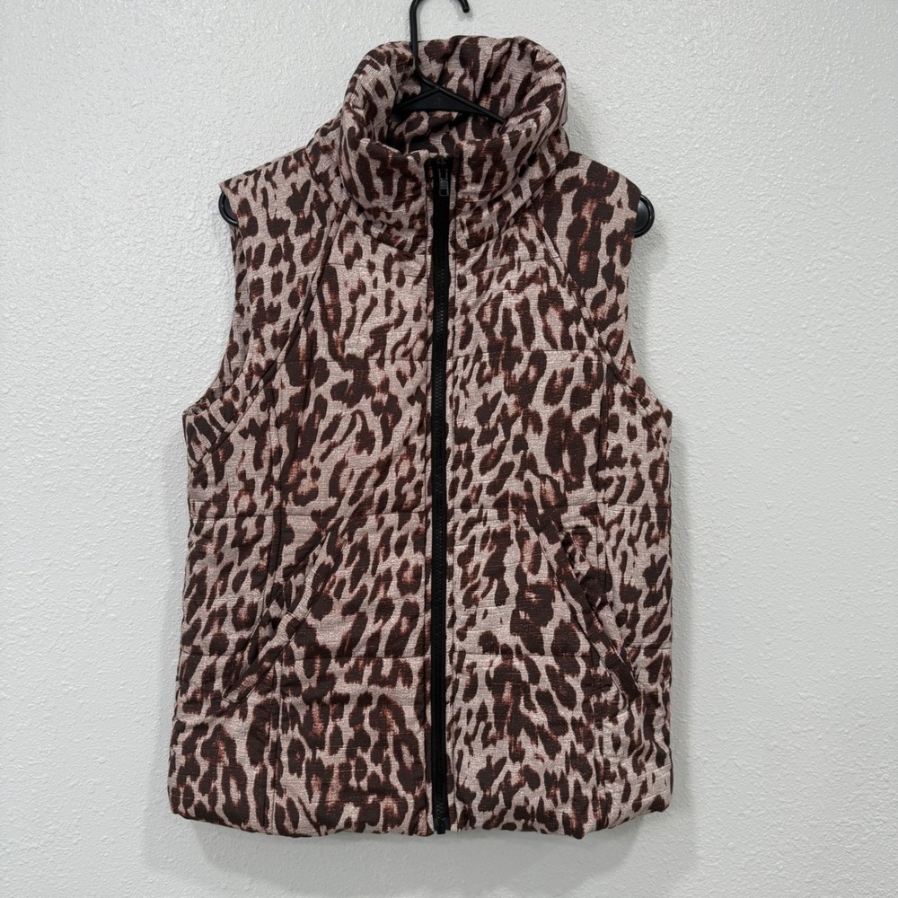Cabi Leopard Print Quilted Puffer Vest Women's Size Small Stand Collar Zip Front